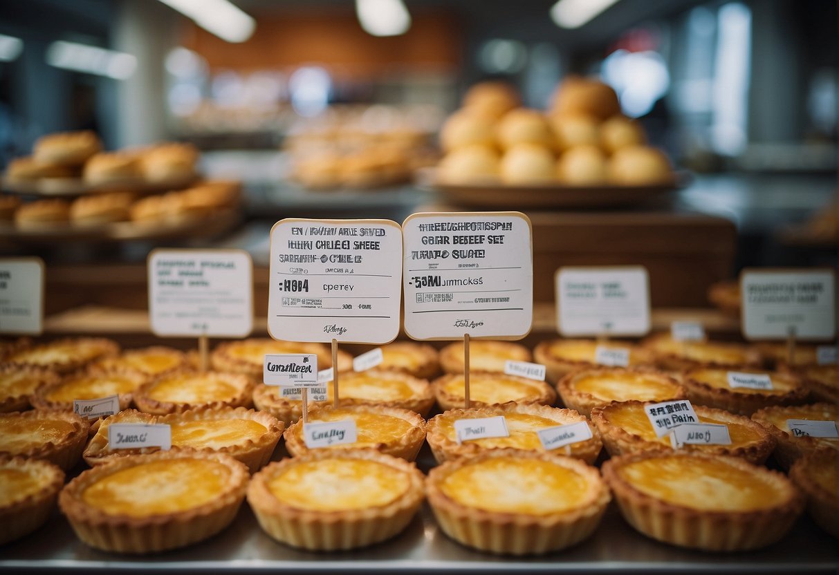A display of freshly baked cheese tarts with promotional signage in a bustling Singapore bakery