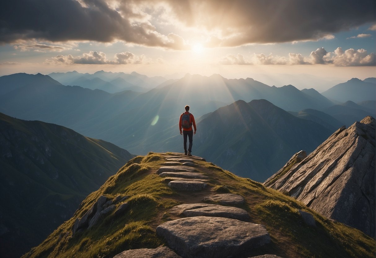 A figure stands at the peak of a mountain, facing a path filled with obstacles. The number 443 glows brightly above, radiating a sense of strength and determination