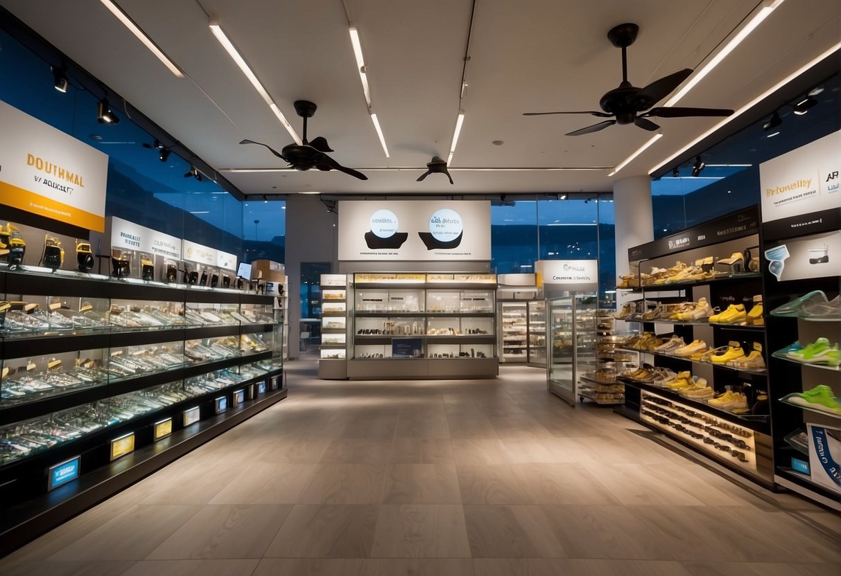 Multiple ceiling fan options displayed in a modern showroom with promotional banners