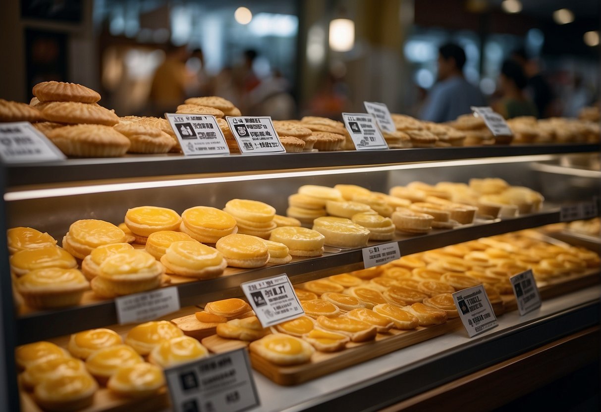 A table displays various Hokkaido Cheese Tart promotions with signage in a bustling Singapore bakery