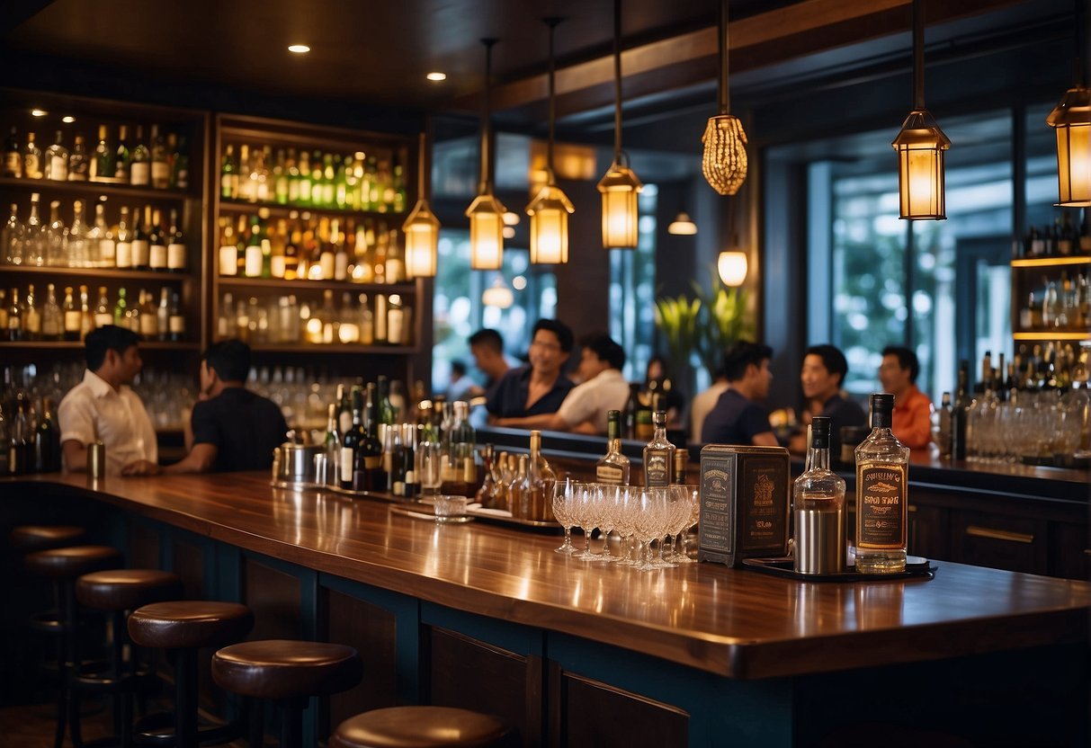 A bustling bar with patrons enjoying gin promotions in Singapore. Signage and promotional materials are displayed prominently