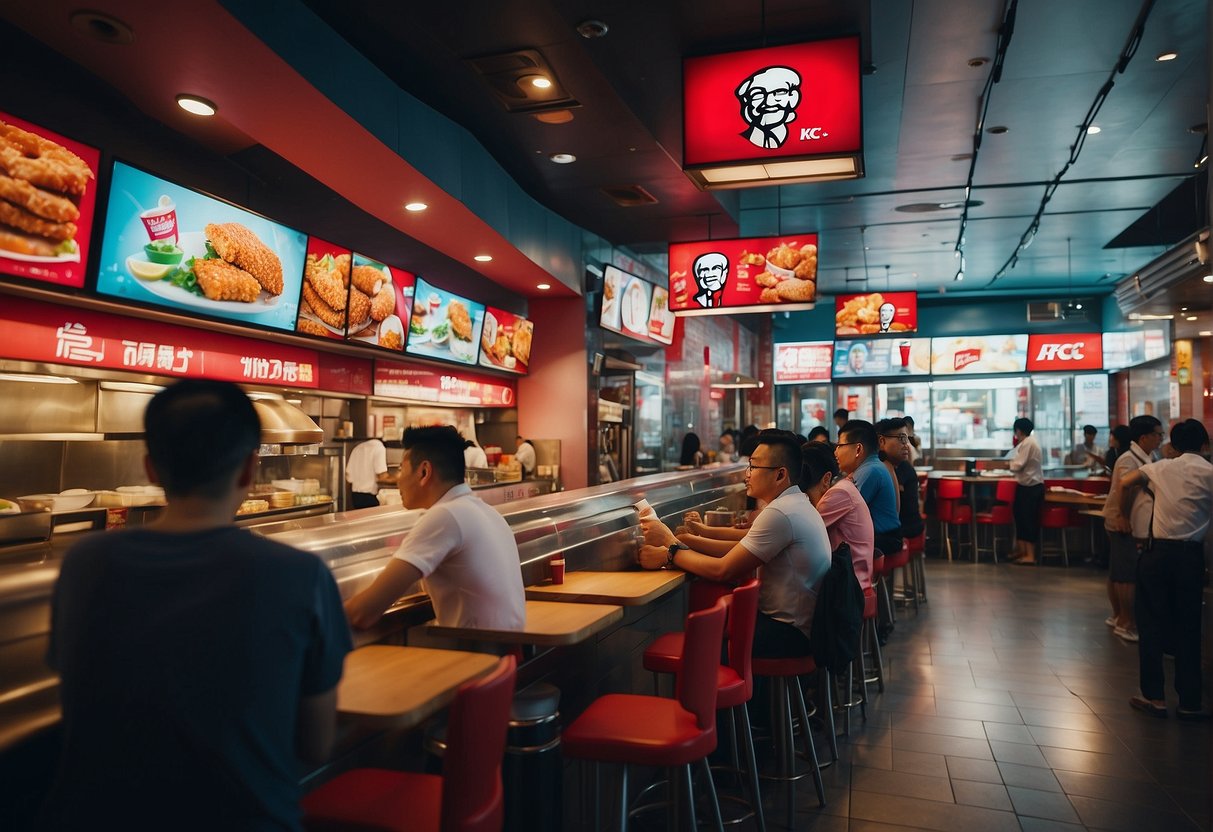 A vibrant KFC restaurant with colorful signage and bustling customers enjoying promotions in Singapore