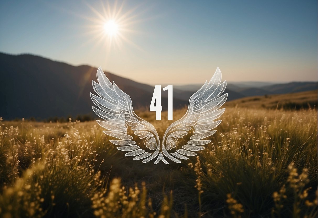 A glowing 443 angel number hovering above a serene landscape with a clear sky and gentle rolling hills
