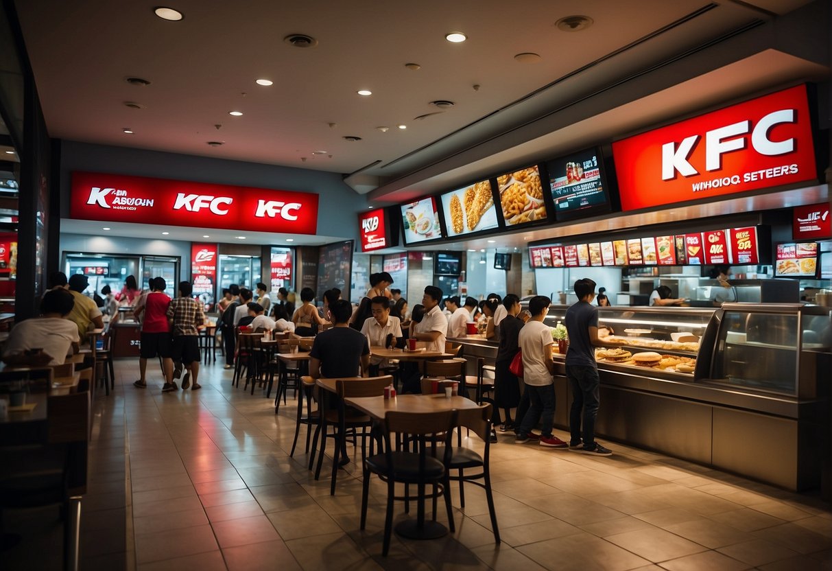 A bustling KFC restaurant in Singapore, with colorful promotions displayed on the windows and signs. Customers line up for the latest offers