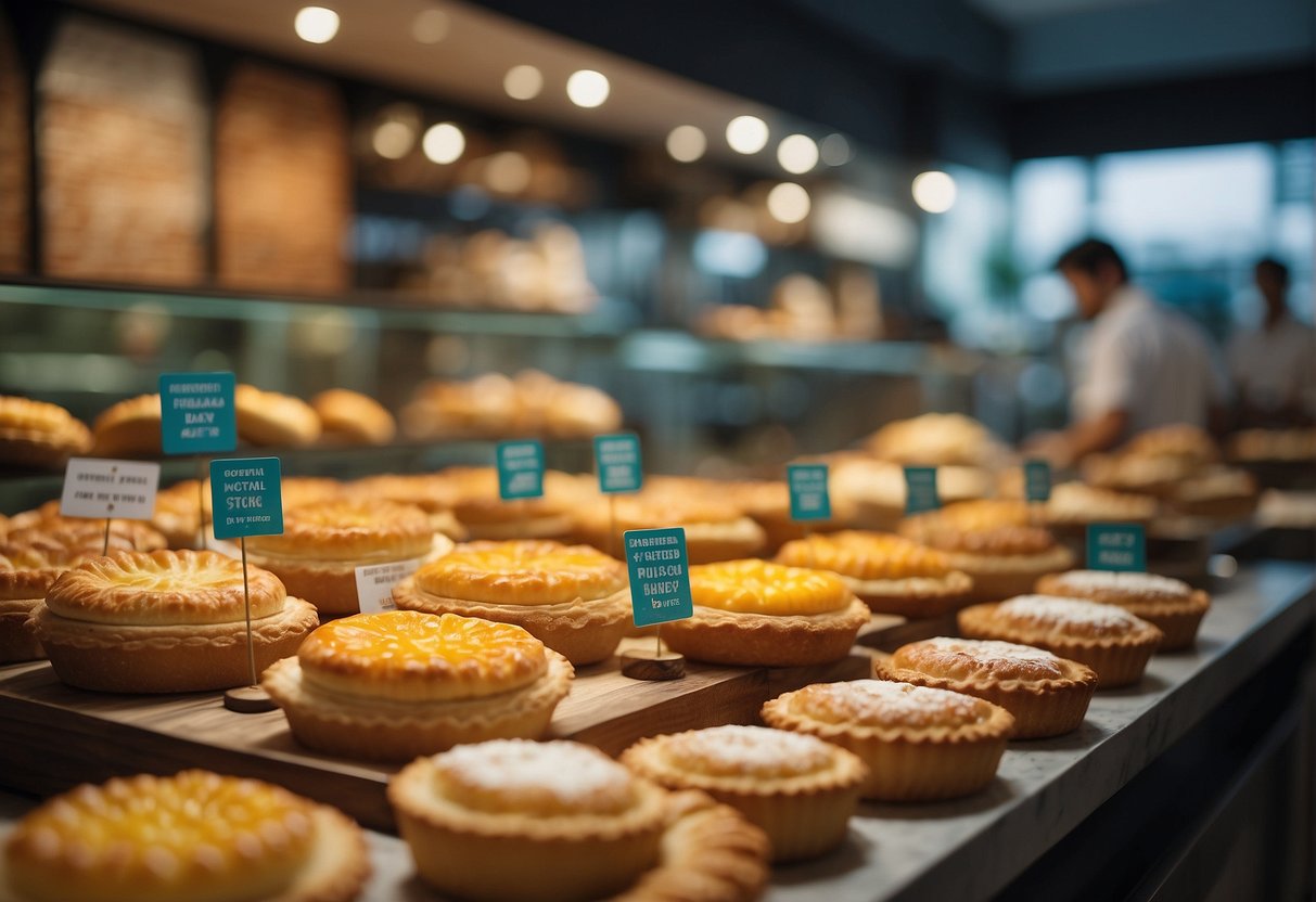 A bustling bakery with a variety of cheese tarts on display, surrounded by vibrant promotional signage in a lively Singaporean setting