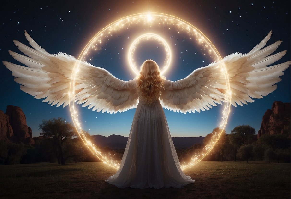 A glowing halo hovers over the number 330, surrounded by celestial symbols and angelic feathers