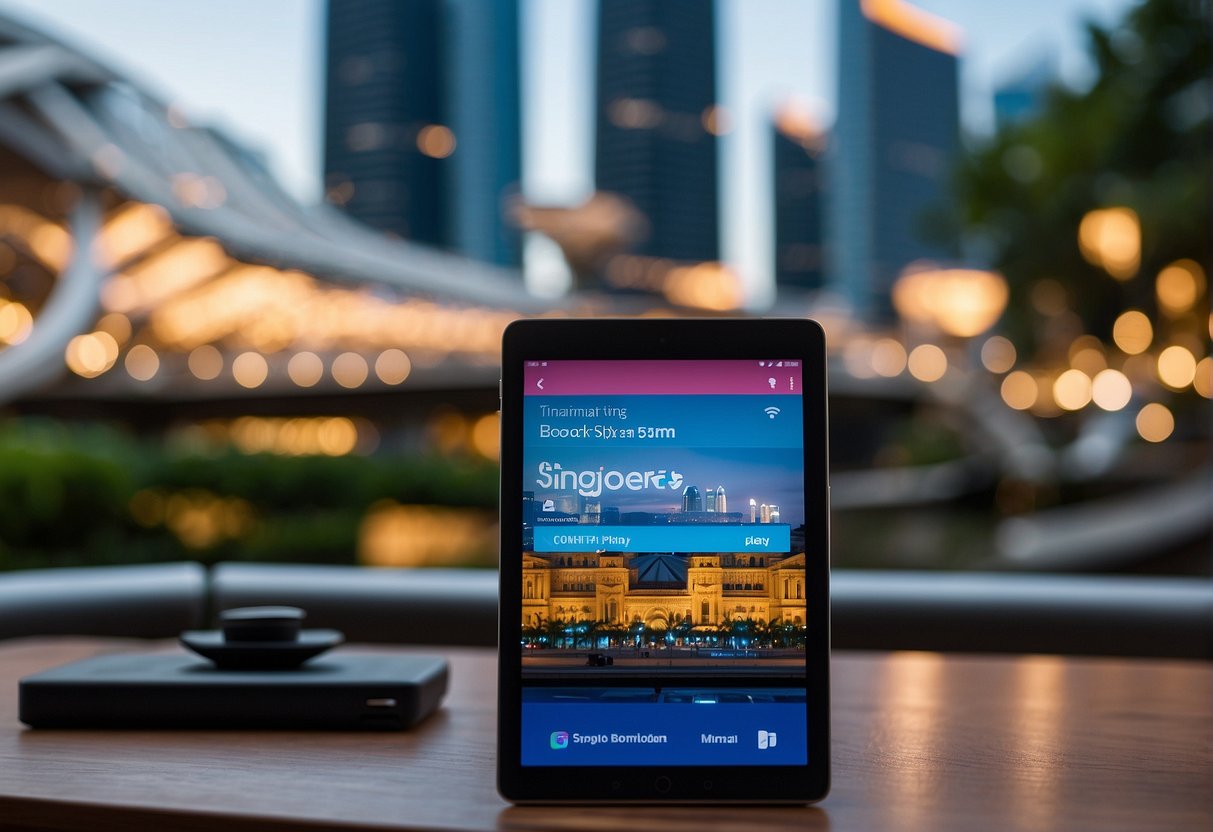 A vibrant digital book displayed on a mobile device, surrounded by the iconic landmarks of Singapore, with the Google Play Books logo prominently featured
