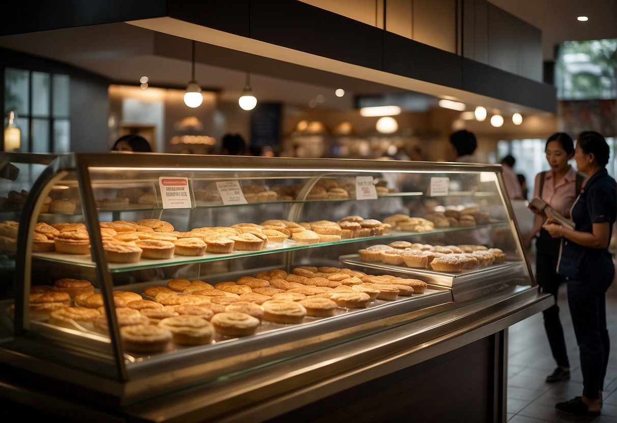 A bustling bakery in Singapore showcases "Frequently Asked Questions" about their popular bake cheese tarts. Signs and posters promote the delicious treats to eager customers
