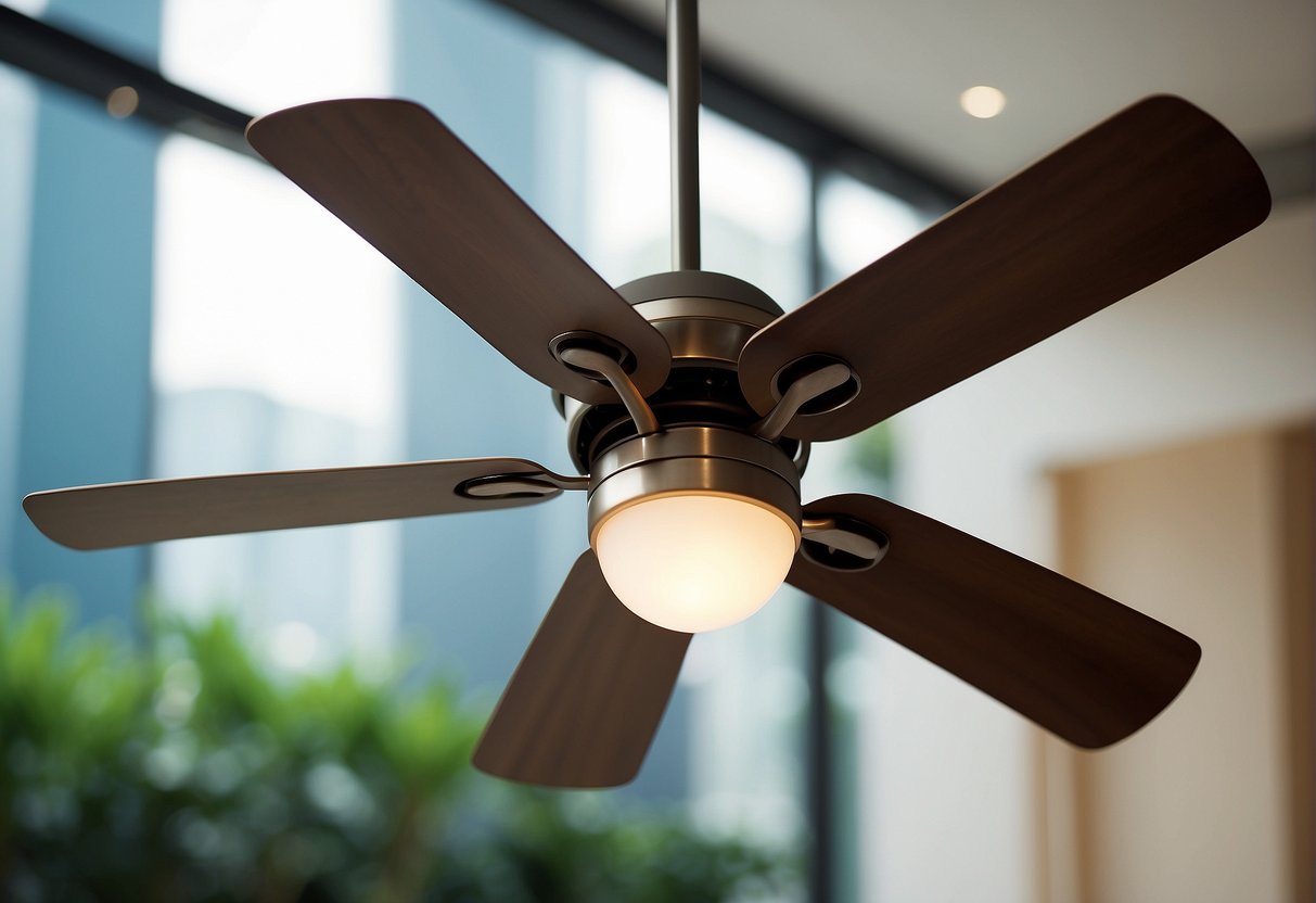 A ceiling fan with a promotional banner in a Singapore setting