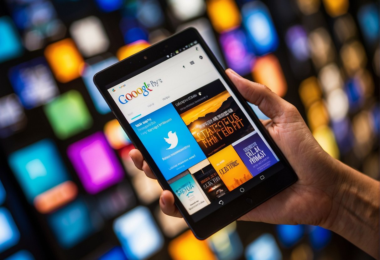 Brightly colored ebook covers displayed on a digital screen, surrounded by promotional banners and text, with the Google Play Books logo visible