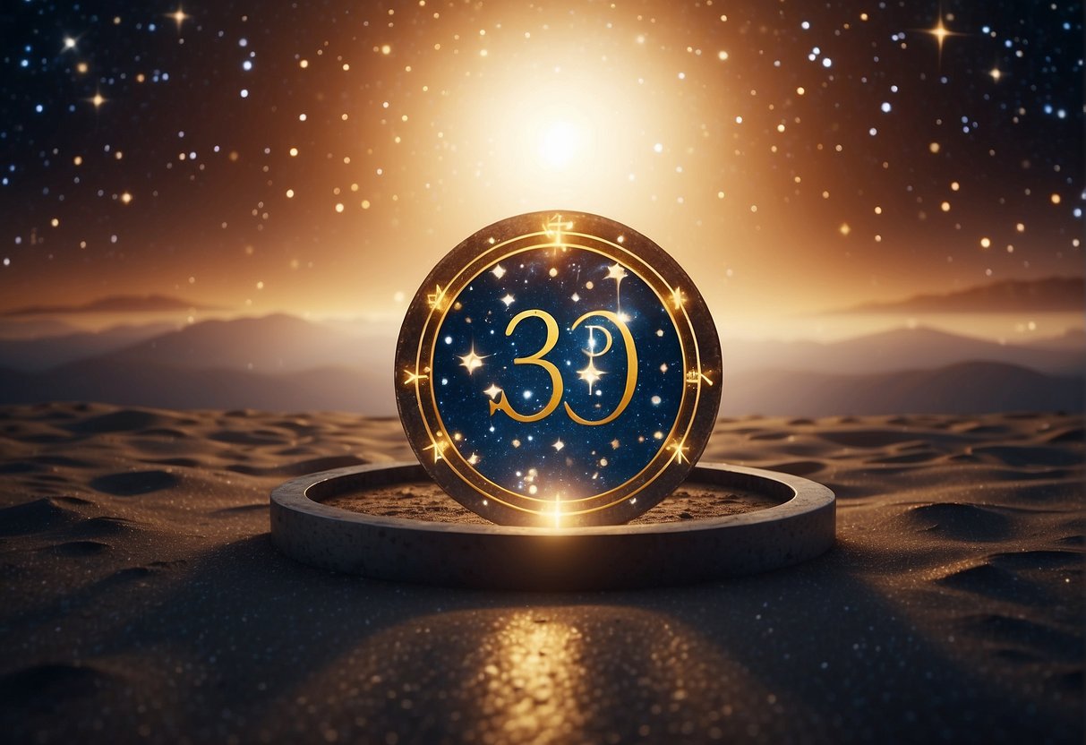 The scene depicts the number 330 surrounded by celestial symbols, such as stars and angels, to convey its numerological significance