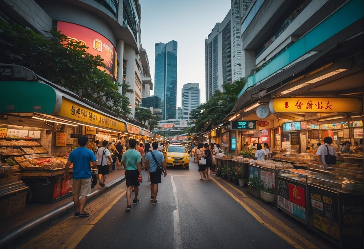 A bustling city street in Singapore with colorful signs and bustling activity, featuring the prominent signage of "Ginett Promotions."