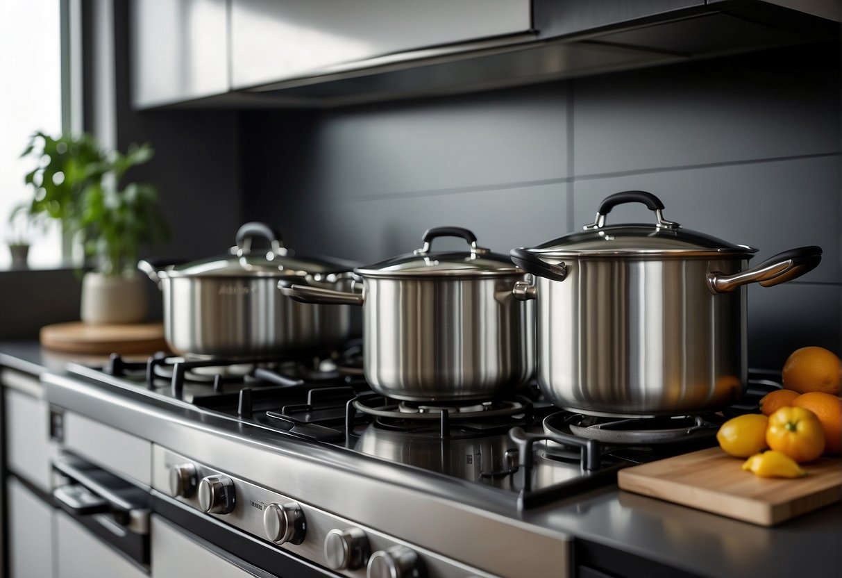 A modern kitchen with a sleek, stainless steel gas stove as the focal point, surrounded by various cookware and utensils