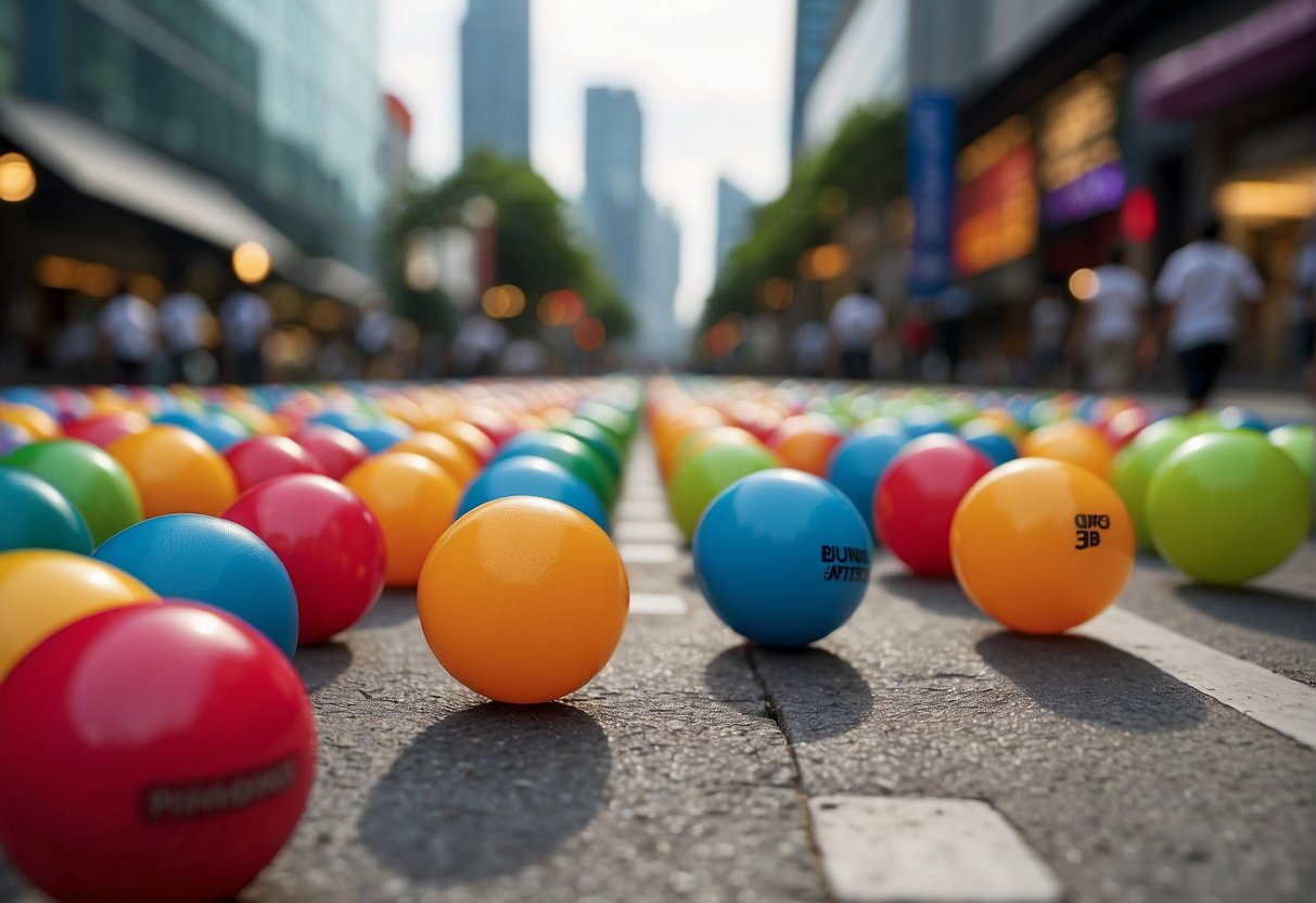 Colorful bouncing balls with "Promotions Singapore" logo scattered on a vibrant, busy city street