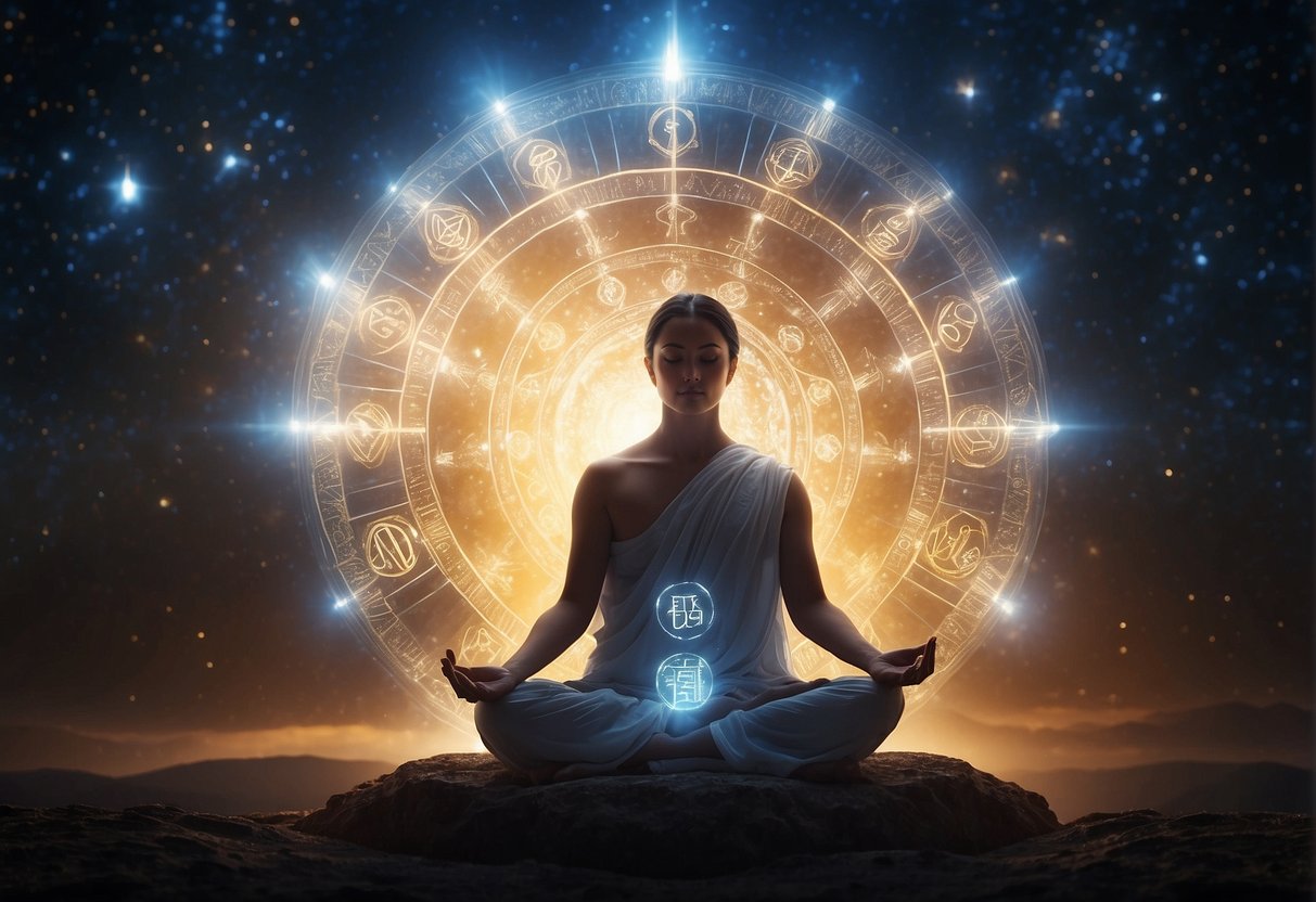 A serene figure meditates under a glowing 330 330 angel number, surrounded by celestial symbols and a sense of divine presence