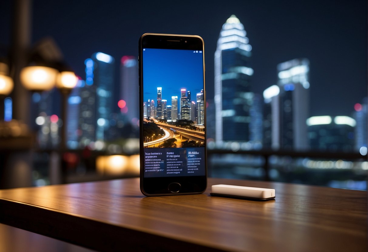A smartphone with Google Play Books app open, surrounded by promotional banners and logos, set against the Singapore city skyline