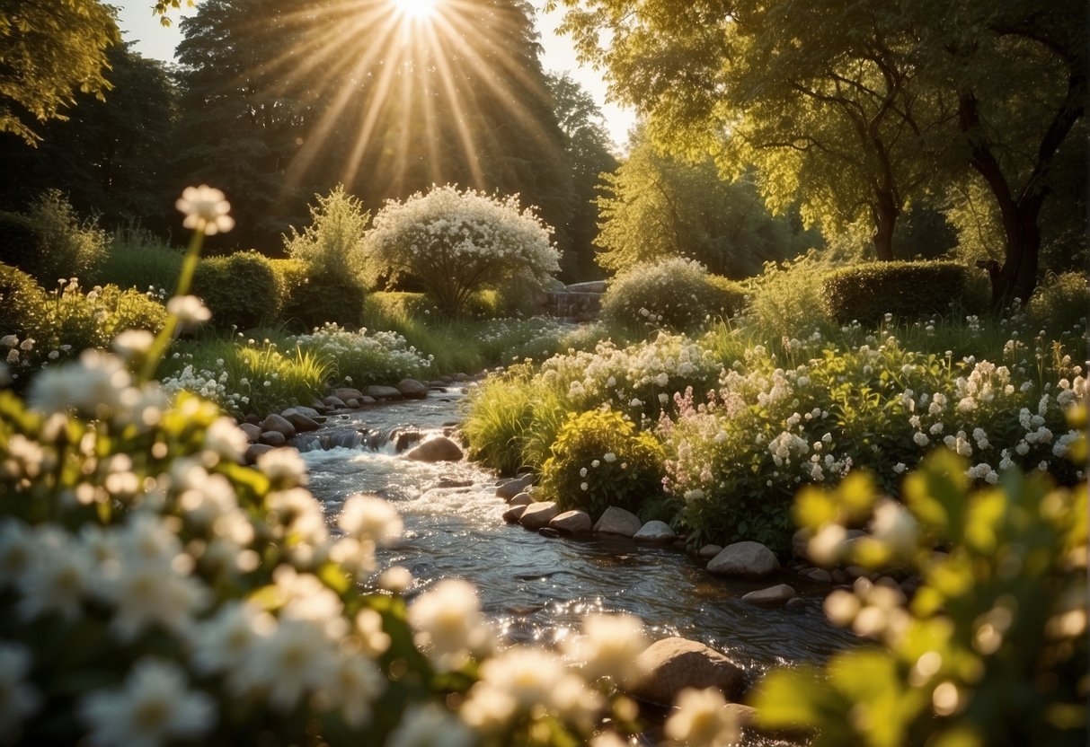 A lush garden with blooming flowers, overflowing fruit trees, and a flowing stream, all bathed in golden sunlight