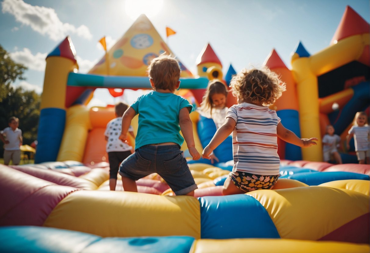 A colorful bouncy castle stands in a vibrant outdoor setting, with children playing and laughing in the background