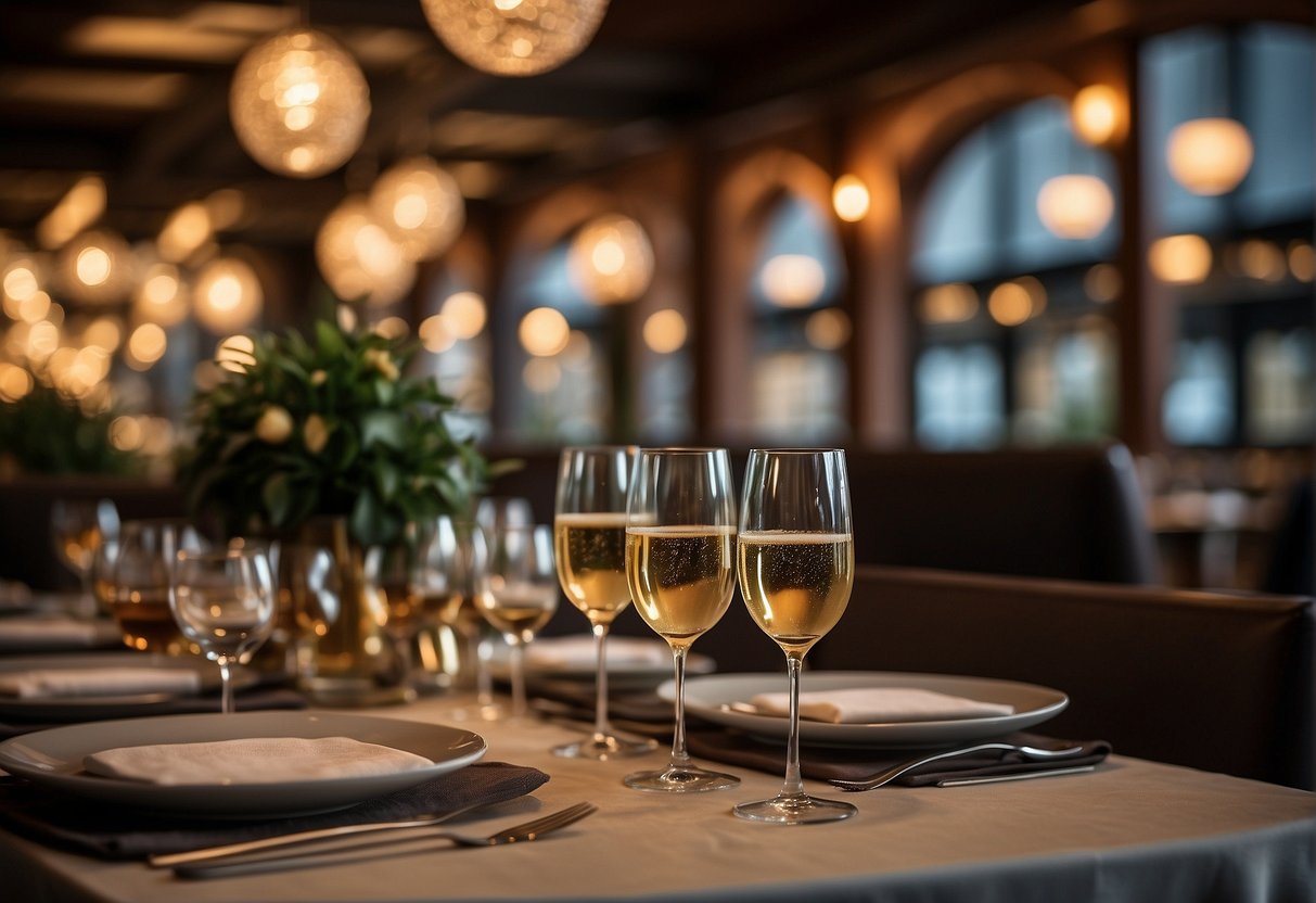 Tables set with elegant tablecloths and sparkling wine glasses. Dim lighting and a cozy ambiance. Promotional banners and menus displayed throughout the restaurant