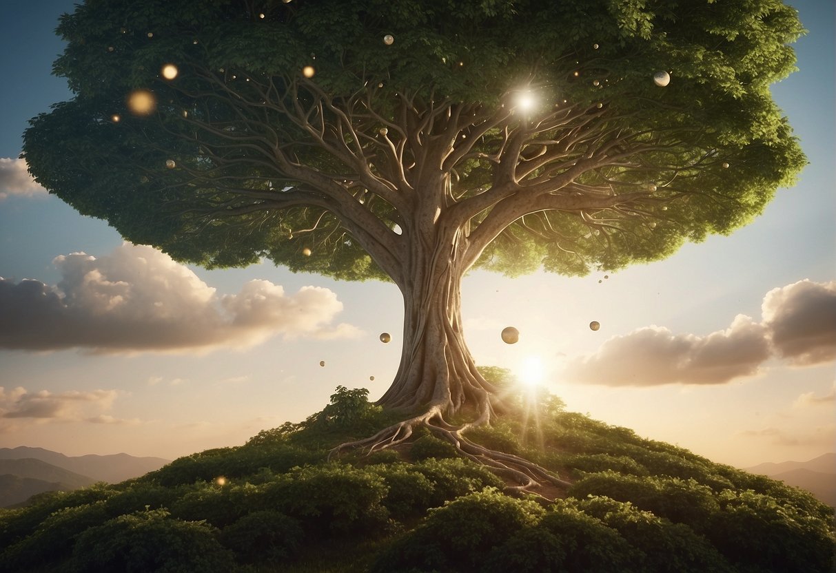 A tree grows from a small seed to a towering presence, surrounded by symbols of growth and transformation. The number 330 hovers above, radiating a sense of spiritual significance and guidance