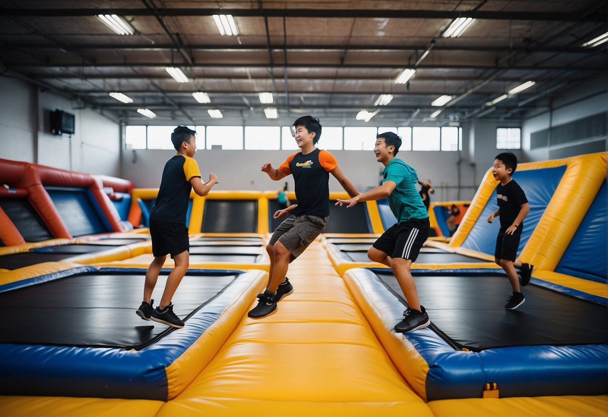People enjoying various activities at Bounce Bounce Promotions Singapore: jumping on trampolines, playing dodgeball, and flipping into foam pits