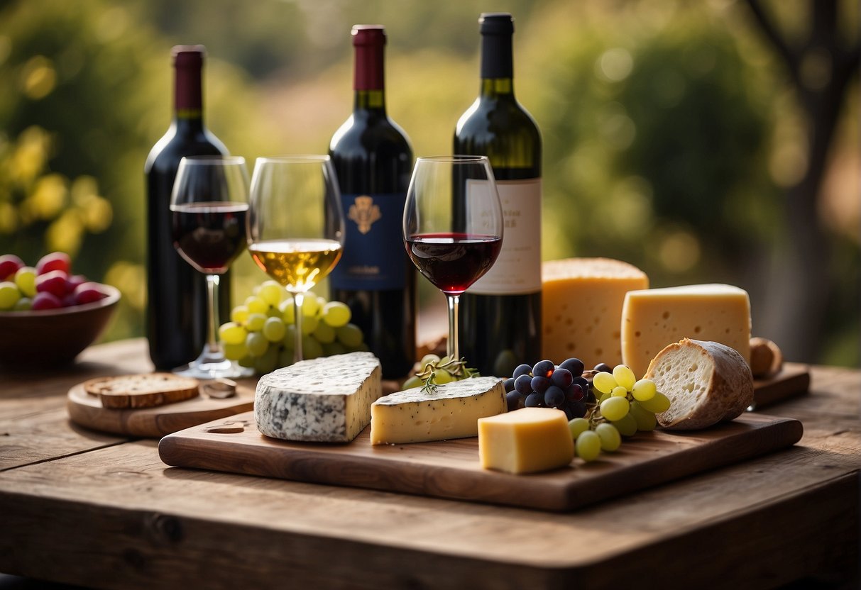 A table set with wine bottles, glasses, and gourmet cheeses. French flag in the background. Promotional signs for wine specials and pairings