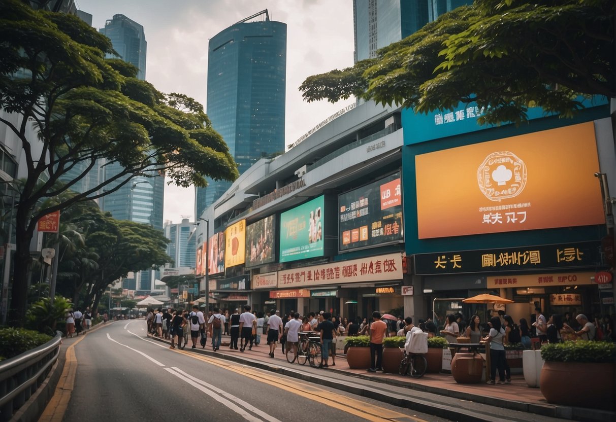 A bustling city street with colorful promotional banners and signs in Singapore