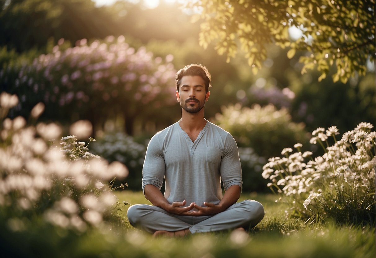 A person meditates in a peaceful garden, surrounded by blooming flowers and a gentle breeze. The number 330 is subtly integrated into the natural elements