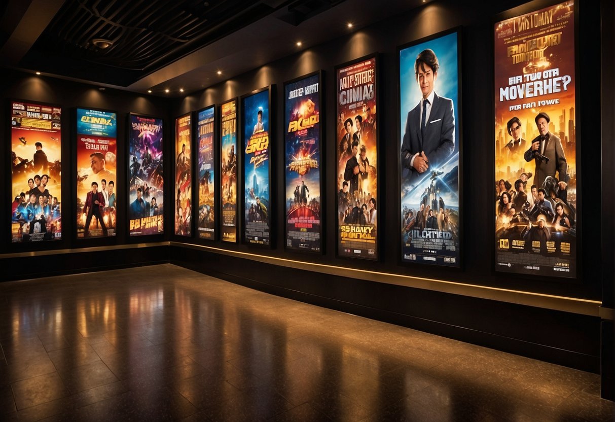 Movie posters line the walls, announcing the latest promotions at Golden Village Cinemas in Singapore. Bright lights illuminate the displays, drawing in eager moviegoers