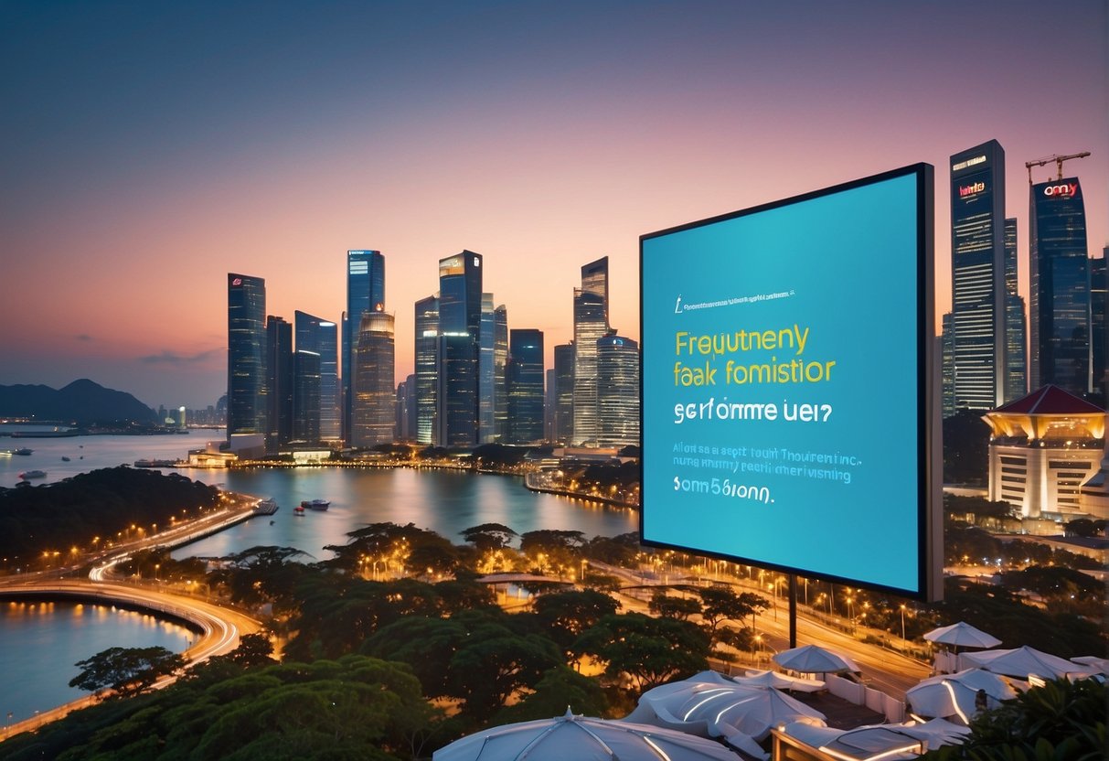 A colorful banner with "Frequently Asked Questions" text and bouncing promotion icons in the background, set against a Singaporean cityscape