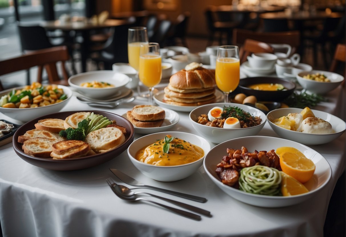 A table set with brunch dishes, surrounded by promotional banners and flyers in a bustling Singapore restaurant