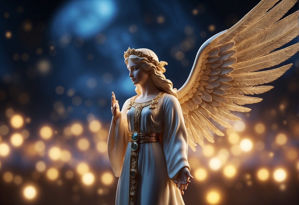 A glowing angelic figure stands before a backdrop of celestial symbols and numbers, emanating a sense of wisdom and guidance