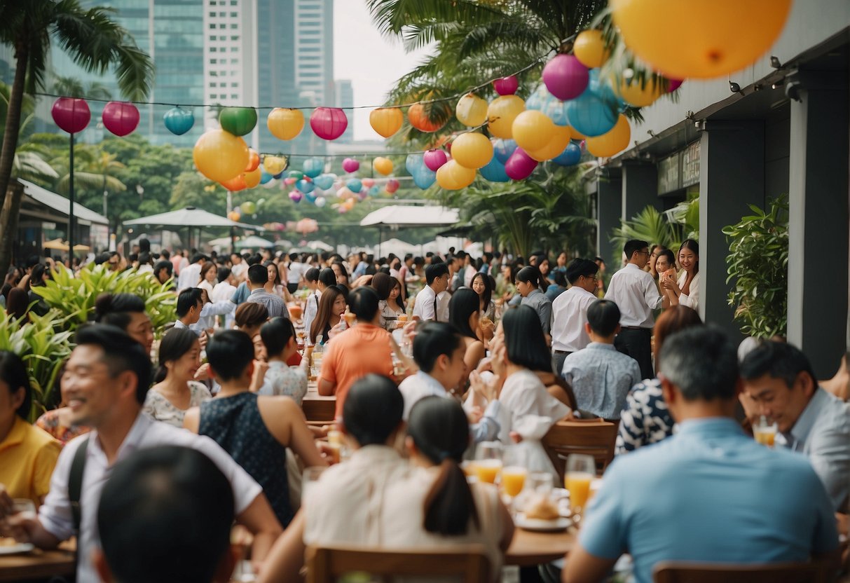 A bustling outdoor brunch event in Singapore, with colorful banners and tables filled with delicious food and drinks. Customers eagerly line up to take advantage of the exciting 2024 promotions