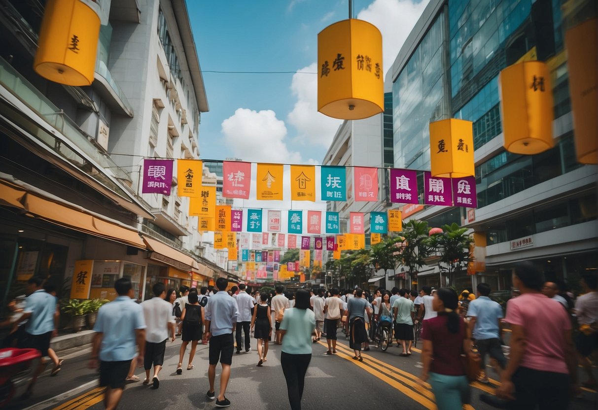 A bustling street in Singapore with colorful signs and busy pedestrians