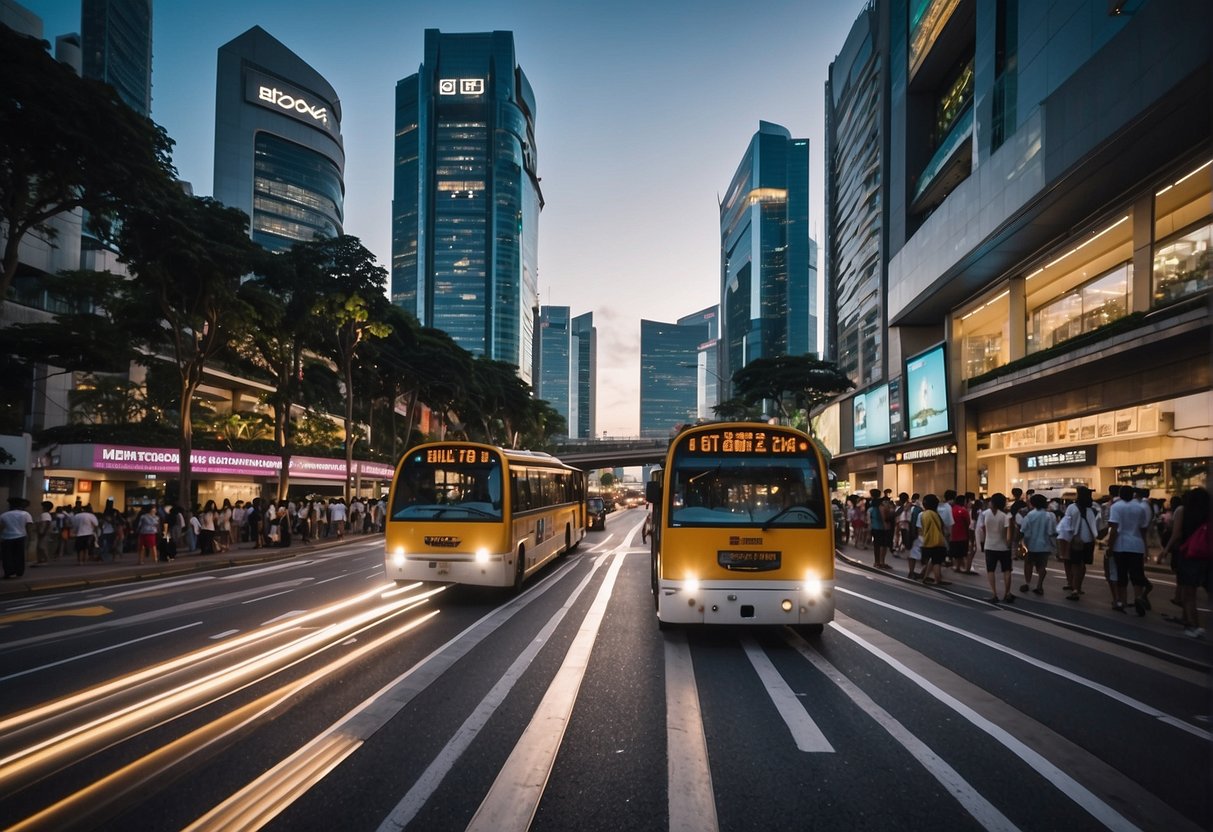 A bustling city street in Singapore with a prominent display of GoPro cameras and promotional materials. The vibrant atmosphere and busy foot traffic capture the energy of the city