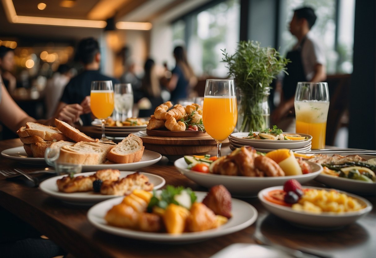 A table adorned with a spread of brunch delights, surrounded by cheerful patrons enjoying the delectable dining deals at a bustling restaurant in Singapore