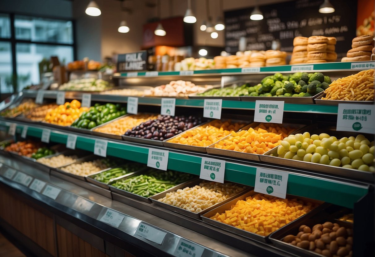 A colorful display of food items with promotional signs at Choz in Singapore