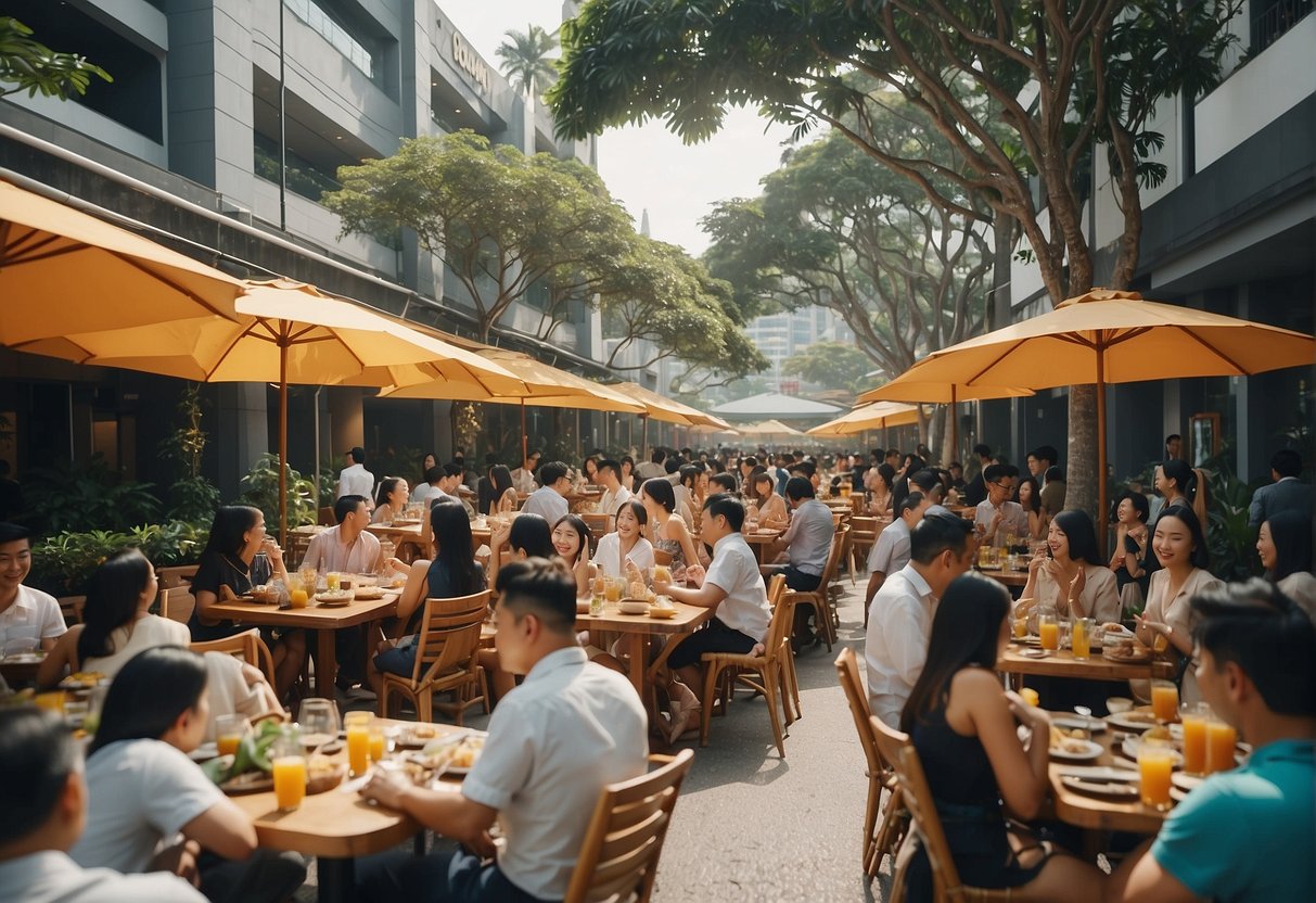 A bustling brunch scene in Singapore with colorful promotional signs and a crowd of people enjoying food and drinks