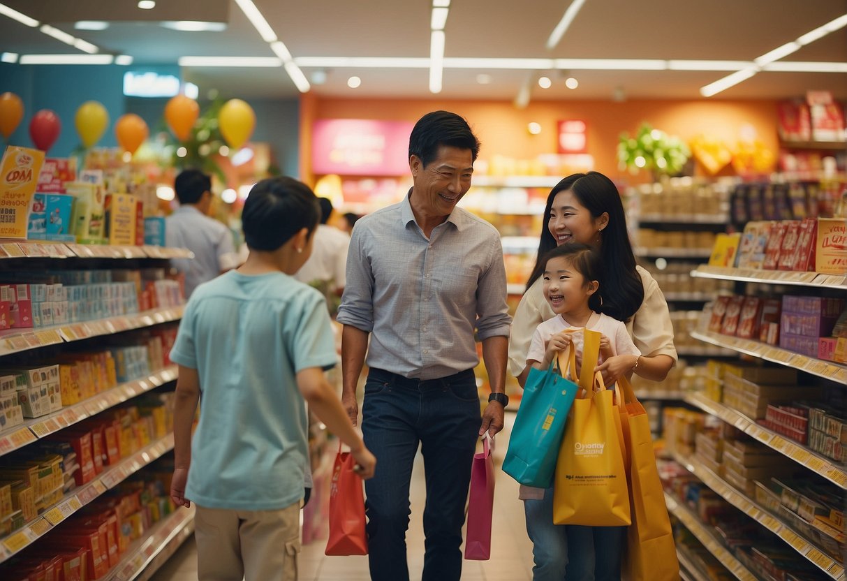 A family happily explores a colorful display of "Special Offers" at a Singaporean store