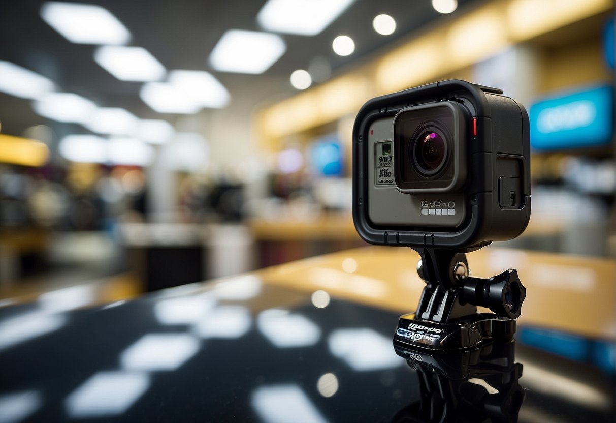 A GoPro camera displayed with promotional signage in a bustling Singapore electronics store