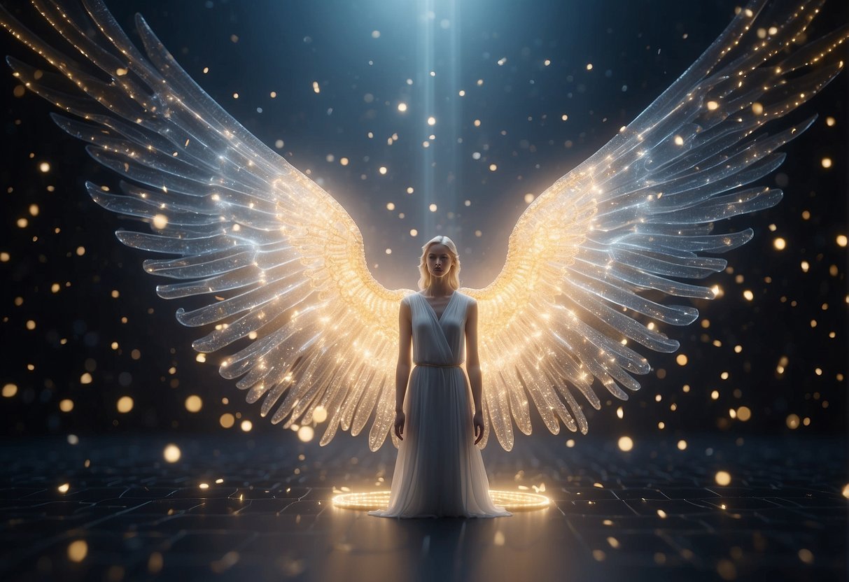 A glowing angelic figure surrounded by floating numbers, radiating a sense of understanding and guidance