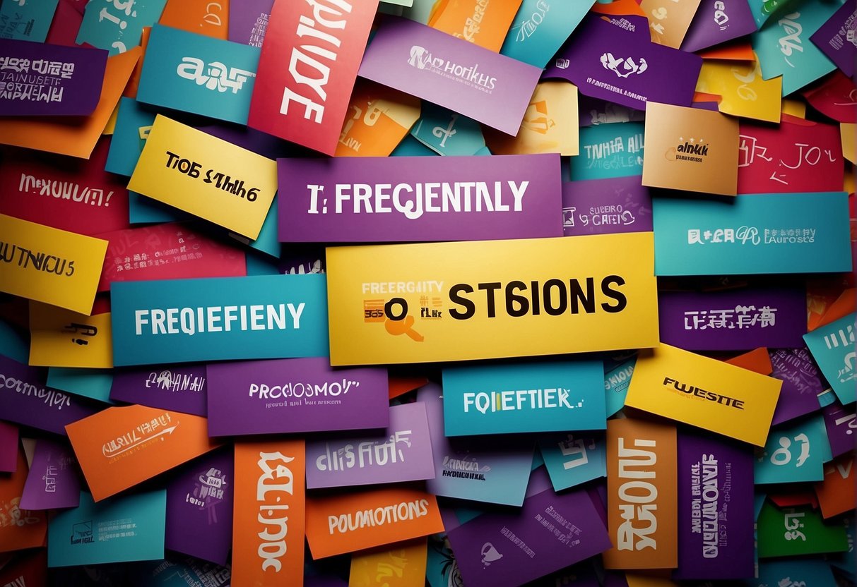 A colorful banner with "Frequently Asked Questions" and Choz Promotions Singapore logo, surrounded by various question marks and symbols