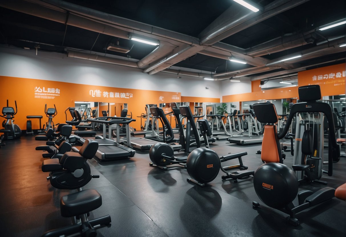 A vibrant gym with promotional banners, fitness equipment, and enthusiastic trainers in Singapore