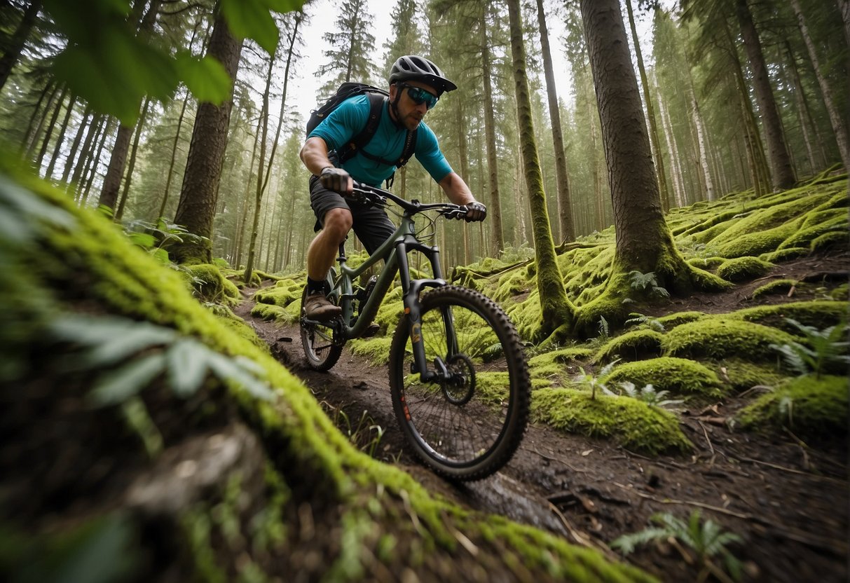 A mountain biker rides through a lush forest, capturing the action with a mounted GoPro. The rugged terrain and vibrant scenery showcase the versatility of GoPro accessories for adventure enthusiasts