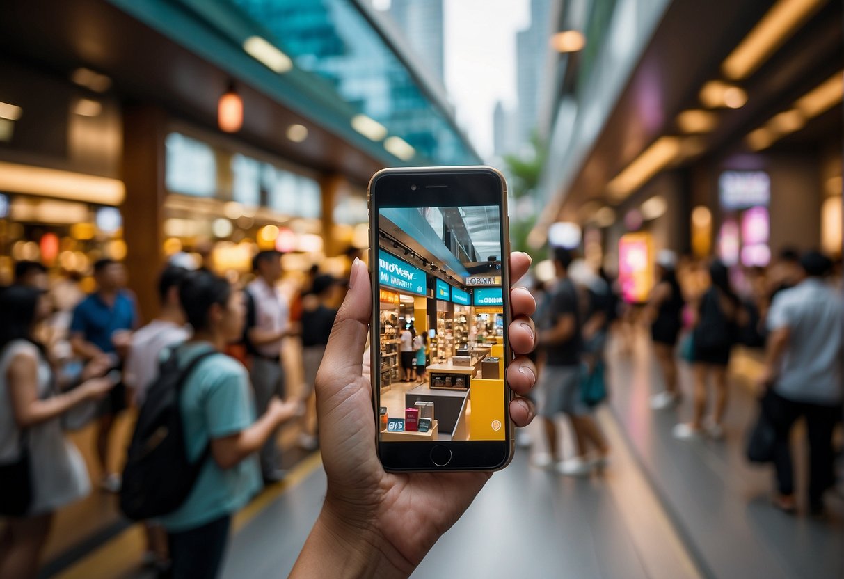 A handphone promotion in Singapore, with colorful banners and a crowded store, showcasing the latest smartphone models and offering special deals