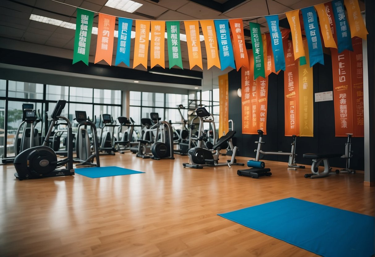 A vibrant gym with colorful banners, offering promotions in Singapore