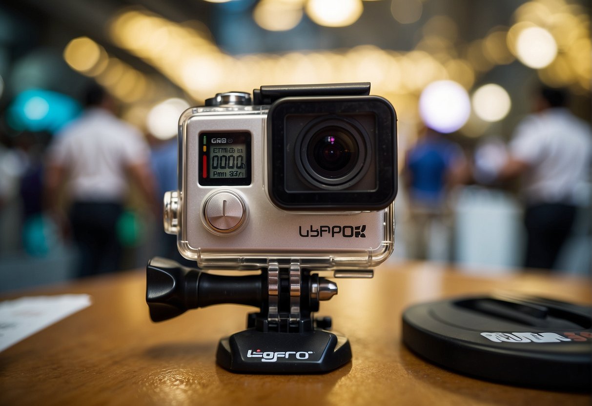 A GoPro camera surrounded by promotional materials in a bustling Singapore marketplace