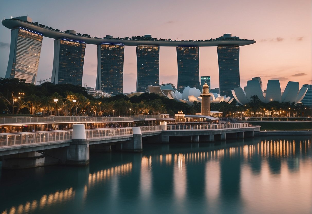 A vibrant cityscape with iconic landmarks of Singapore, such as the Marina Bay Sands and the Merlion, surrounded by the bustling streets and lively atmosphere of Batam, Indonesia