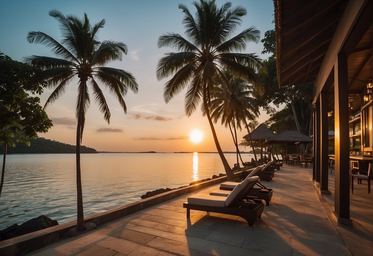 A luxurious beach resort on Batam Island, with palm trees, crystal-clear waters, and a stunning sunset over the horizon