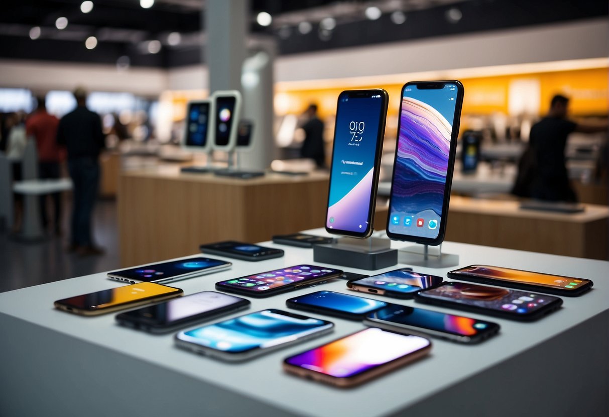 A table displaying various smartphone models with promotional banners and price tags. Bright and modern store interior with customers browsing